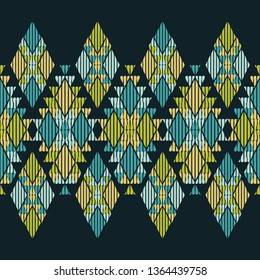 Ethnic boho seamless pattern. Embroidery on fabric. Patchwork texture. Weaving. Traditional ornament. Tribal pattern. Folk motif. Can be used for wallpaper, textile, invitation card, wrapping, web.