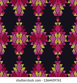 Ethnic boho seamless pattern. Embroidery on fabric. Patchwork texture. Weaving. Traditional ornament. Tribal pattern. Folk motif. Can be used for wallpaper, textile, invitation card, wrapping, web.