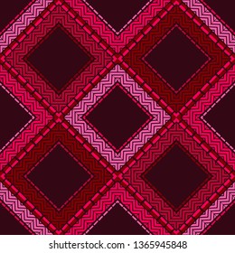 Ethnic boho seamless pattern. Embroidery on fabric. Patchwork texture. Weaving. Traditional ornament. Tribal pattern. Folk motif. Can be used for wallpaper, textile, invitation card, wrapping, web.