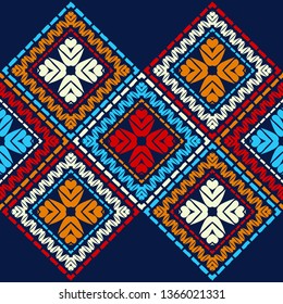 Ethnic boho seamless pattern. Embroidery on fabric. Patchwork texture. Weaving. Traditional ornament. Tribal pattern. Folk motif. Can be used for wallpaper, textile, invitation card, wrapping, web.