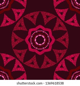 Ethnic boho seamless pattern. Embroidery on fabric. Patchwork texture. Weaving. Traditional ornament. Tribal pattern. Folk motif. Can be used for wallpaper, textile, invitation card, wrapping, web.