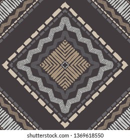 Ethnic boho seamless pattern. Embroidery on fabric. Patchwork texture. Weaving. Traditional ornament. Tribal pattern. Folk motif. Can be used for wallpaper, textile, invitation card, wrapping, web.