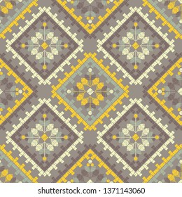 Ethnic boho seamless pattern. Embroidery on fabric. Patchwork texture. Weaving. Traditional ornament. Tribal pattern. Folk motif. Can be used for wallpaper, textile, invitation card, wrapping, web.