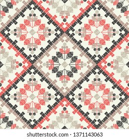 Ethnic boho seamless pattern. Embroidery on fabric. Patchwork texture. Weaving. Traditional ornament. Tribal pattern. Folk motif. Can be used for wallpaper, textile, invitation card, wrapping, web.