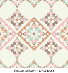 Ethnic boho seamless pattern. Embroidery on fabric. Patchwork texture. Weaving. Traditional ornament. Tribal pattern. Folk motif. Can be used for wallpaper, textile, invitation card, wrapping, web.