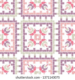Ethnic boho seamless pattern. Embroidery on fabric. Patchwork texture. Weaving. Traditional ornament. Tribal pattern. Folk motif. Can be used for wallpaper, textile, invitation card, wrapping, web.