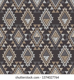 Ethnic boho seamless pattern. Embroidery on fabric. Patchwork texture. Weaving. Traditional ornament. Tribal pattern. Folk motif. Can be used for wallpaper, textile, invitation card, wrapping, web.