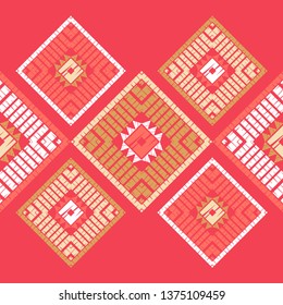Ethnic boho seamless pattern. Embroidery on fabric. Patchwork texture. Weaving. Traditional ornament. Tribal pattern. Folk motif. Can be used for wallpaper, textile, invitation card, wrapping.
