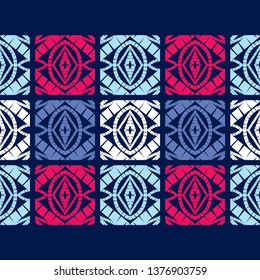 Ethnic boho seamless pattern. Embroidery on fabric. Patchwork texture. Weaving. Traditional ornament. Tribal pattern. Folk motif. Can be used for wallpaper, textile, invitation card, wrapping, web.