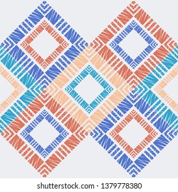 Ethnic boho seamless pattern. Embroidery on fabric. Patchwork texture. Weaving. Traditional ornament. Tribal pattern. Folk motif. Can be used for wallpaper, textile, invitation card, wrapping, web.