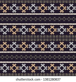 Ethnic boho seamless pattern. Embroidery on fabric. Patchwork texture. Weaving. Traditional ornament. Tribal pattern. Folk motif. Can be used for wallpaper, textile, invitation card, wrapping, web.