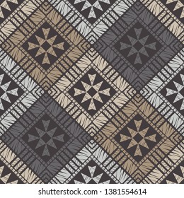 Ethnic boho seamless pattern. Embroidery on fabric. Patchwork texture. Weaving. Traditional ornament. Tribal pattern. Folk motif. Can be used for wallpaper, textile, invitation card, wrapping, web.