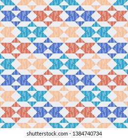 Ethnic boho seamless pattern. Embroidery on fabric. Patchwork texture. Weaving. Traditional ornament. Tribal pattern. Folk motif. Can be used for wallpaper, textile, invitation card, wrapping, web.