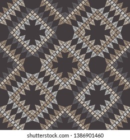 Ethnic boho seamless pattern. Embroidery on fabric. Patchwork texture. Weaving. Traditional ornament. Tribal pattern. Folk motif. Can be used for wallpaper, textile, invitation card, wrapping, web.