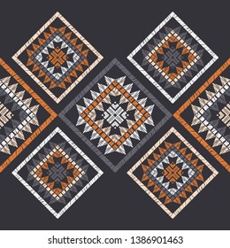 Ethnic boho seamless pattern. Embroidery on fabric. Patchwork texture. Weaving. Traditional ornament. Tribal pattern. Folk motif. Can be used for wallpaper, textile, invitation card, wrapping, web.
