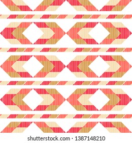 Ethnic boho seamless pattern. Embroidery on fabric. Patchwork texture. Weaving. Traditional ornament. Tribal pattern. Folk motif. Can be used for wallpaper, textile, invitation card, wrapping, web.