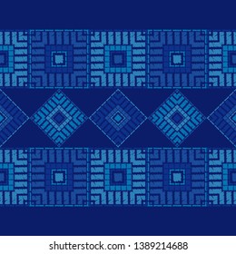 Ethnic boho seamless pattern. Embroidery on fabric. Patchwork texture. Weaving. Traditional ornament. Tribal pattern. Folk motif. Can be used for wallpaper, textile, invitation card, wrapping, web.