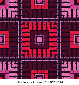 Ethnic boho seamless pattern. Embroidery on fabric. Patchwork texture. Weaving. Traditional ornament. Tribal pattern. Folk motif. Can be used for wallpaper, textile, invitation card, wrapping, web.