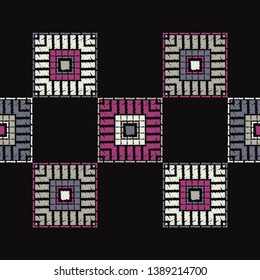 Ethnic boho seamless pattern. Embroidery on fabric. Patchwork texture. Weaving. Traditional ornament. Tribal pattern. Folk motif. Can be used for wallpaper, textile, invitation card, wrapping, web.