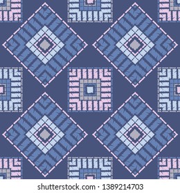 Ethnic boho seamless pattern. Embroidery on fabric. Patchwork texture. Weaving. Traditional ornament. Tribal pattern. Folk motif. Can be used for wallpaper, textile, invitation card, wrapping, web.