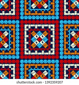 Ethnic boho seamless pattern. Embroidery on fabric. Patchwork texture. Weaving. Traditional ornament. Tribal pattern. Folk motif. Can be used for wallpaper, textile, invitation card, wrapping, web.