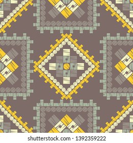 Ethnic boho seamless pattern. Embroidery on fabric. Patchwork texture. Weaving. Traditional ornament. Tribal pattern. Folk motif. Can be used for wallpaper, textile, invitation card, wrapping, web.