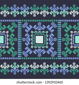 Ethnic boho seamless pattern. Embroidery on fabric. Patchwork texture. Weaving. Traditional ornament. Tribal pattern. Folk motif. Can be used for wallpaper, textile, invitation card, wrapping, web.