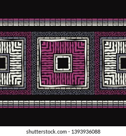 Ethnic boho seamless pattern. Embroidery on fabric. Patchwork texture. Weaving. Traditional ornament. Tribal pattern. Folk motif. Can be used for wallpaper, textile, invitation card, wrapping, web.