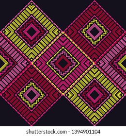 Ethnic boho seamless pattern. Embroidery on fabric. Patchwork texture. Weaving. Traditional ornament. Tribal pattern. Folk motif. Can be used for wallpaper, textile, invitation card, wrapping, web.