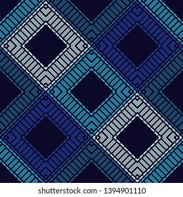 Ethnic boho seamless pattern. Embroidery on fabric. Patchwork texture. Weaving. Traditional ornament. Tribal pattern. Folk motif. Can be used for wallpaper, textile, invitation card, wrapping, web.