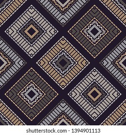 Ethnic boho seamless pattern. Embroidery on fabric. Patchwork texture. Weaving. Traditional ornament. Tribal pattern. Folk motif. Can be used for wallpaper, textile, invitation card, wrapping, web.