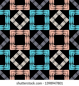 Ethnic boho seamless pattern. Embroidery on fabric. Patchwork texture. Weaving. Traditional ornament. Tribal pattern. Folk motif. Can be used for wallpaper, textile, invitation card, wrapping, web.