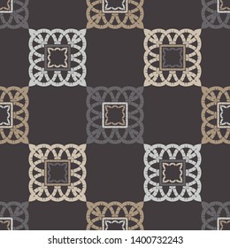 Ethnic boho seamless pattern. Embroidery on fabric. Patchwork texture. Weaving. Traditional ornament. Tribal pattern. Folk motif. Can be used for wallpaper, textile, invitation card, wrapping, web.