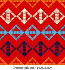 Ethnic boho seamless pattern. Embroidery on fabric. Patchwork texture. Weaving. Traditional ornament. Tribal pattern. Folk motif. Can be used for wallpaper, textile, invitation card, wrapping, web.