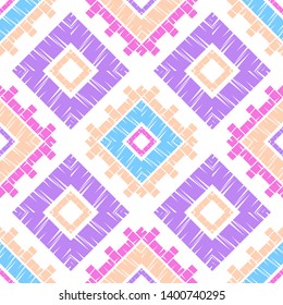 Ethnic boho seamless pattern. Embroidery on fabric. Patchwork texture. Weaving. Traditional ornament. Tribal pattern. Folk motif. Can be used for wallpaper, textile, invitation card, wrapping, web.