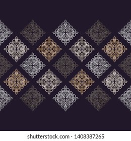 Ethnic boho seamless pattern. Embroidery on fabric. Patchwork texture. Weaving. Traditional ornament. Tribal pattern. Folk motif. Can be used for wallpaper, textile, wrapping, web.