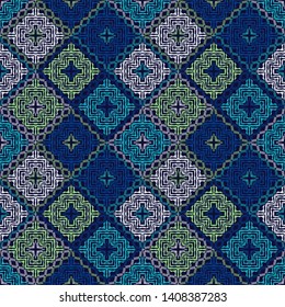 Ethnic boho seamless pattern. Embroidery on fabric. Patchwork texture. Weaving. Traditional ornament. Tribal pattern. Folk motif. Can be used for wallpaper, textile, wrapping, web.