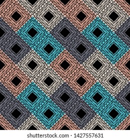 Ethnic boho seamless pattern. Embroidery on fabric. Patchwork texture. Weaving. Traditional ornament. Tribal pattern. Folk motif. Can be used for wallpaper, textile, wrapping, web.