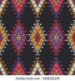 Ethnic boho seamless pattern. Embroidery on fabric. Patchwork texture. Weaving. Traditional ornament. Tribal pattern. Folk motif. Can be used for wallpaper, textile, wrapping, web.