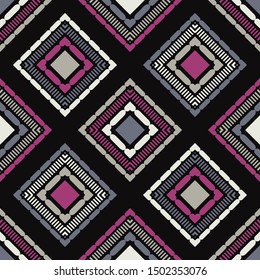 Ethnic boho seamless pattern. Embroidery on fabric. Patchwork texture. Traditional ornament. Tribal pattern. Folk motif. Can be used for wallpaper, textile, wrapping, web.