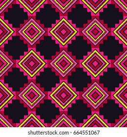Ethnic boho seamless pattern. Embroidery on fabric. Retro motif. Vector illustration. Textile rapport.