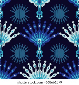 Ethnic boho seamless pattern. Embroidery on fabric. Retro motif. Vector illustration. Textile rapport.