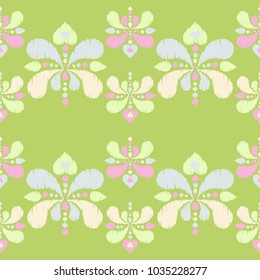 Ethnic boho seamless pattern. Flowers background. Scribble texture. Embroidery on fabric. Folk motif. Textile rapport.