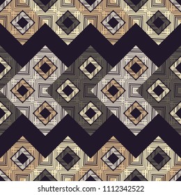 Ethnic boho seamless pattern. Hand hatching. Traditional ornament. Geometric background. Folk motif. Textile rapport.