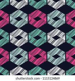Ethnic boho seamless pattern. Hand hatching. Traditional ornament. Geometric background. Folk motif. Textile rapport.