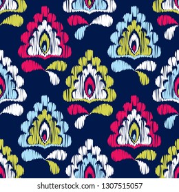 Patrón inquebrantable del boho étnico. Ikat. Flores. La decoración tradicional. Fondo geométrico. Motivo popular. Se puede utilizar para papel pintado, textil, tarjeta de invitación, envoltura, fondo de página web.