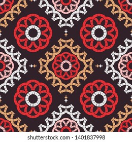Ethnic boho seamless pattern. Lace. Embroidery on fabric. Patchwork texture. Weaving. Traditional ornament. Tribal pattern. Folk motif. Can be used for wallpaper, textile, wrapping, web.