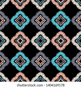 Ethnic boho seamless pattern. Lace. Embroidery on fabric. Patchwork texture. Weaving. Traditional ornament. Tribal pattern. Folk motif. Can be used for wallpaper, textile, wrapping, web.