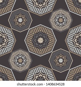 Ethnic boho seamless pattern. Lace. Embroidery on fabric. Patchwork texture. Weaving. Traditional ornament. Tribal pattern. Folk motif. Can be used for wallpaper, textile, wrapping, web.