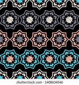 Ethnic boho seamless pattern. Lace. Embroidery on fabric. Patchwork texture. Weaving. Traditional ornament. Tribal pattern. Folk motif. Can be used for wallpaper, textile, wrapping, web.